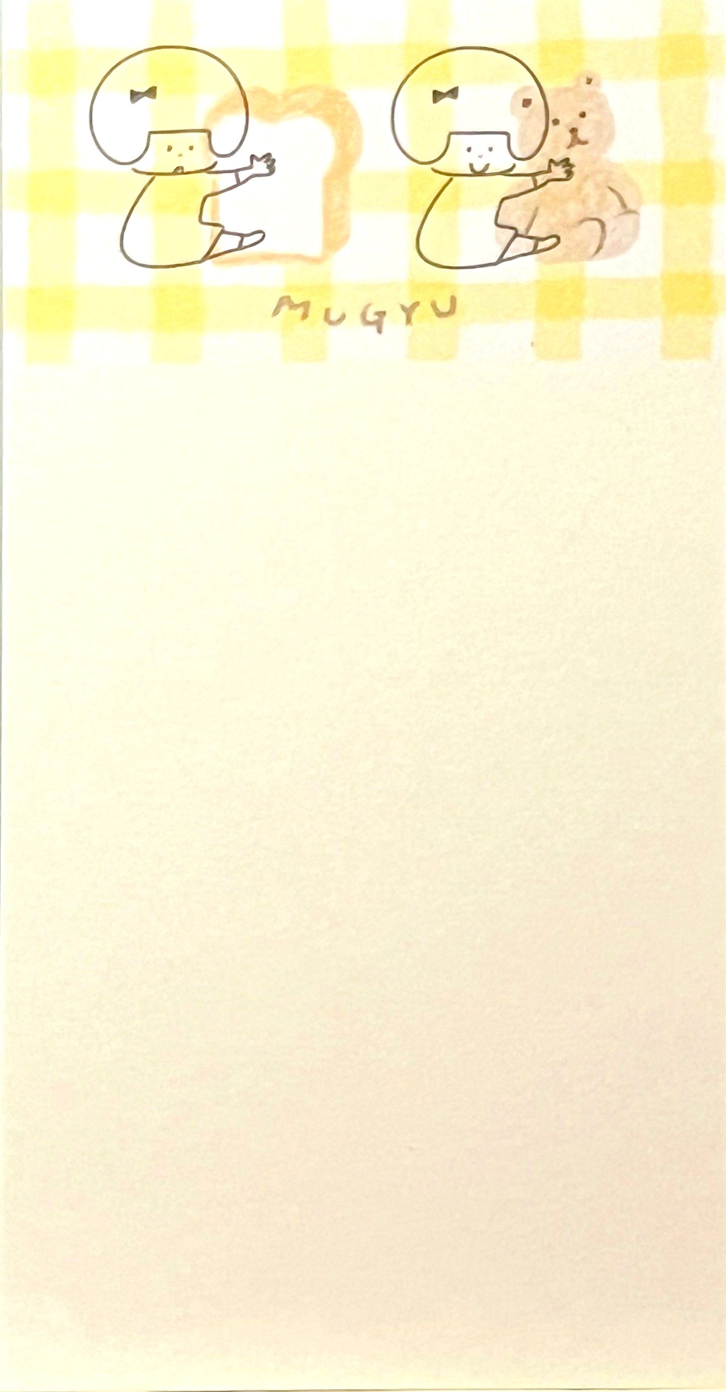 ゆるいタッチで描かれた女の子とくまのイラストが入った、ふんわり優しい雰囲気のスリムメモ帳。淡い色のデコレーションが特徴。/
A slim memo pad featuring soft pastel decorations and gentle hand-drawn illustrations of a girl and bears — soothing and whimsical stationery design.