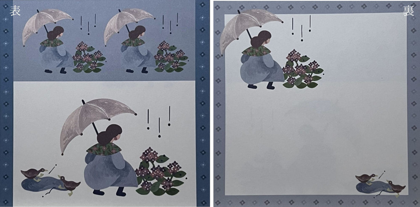 雨の中、傘をさす女の子と紫陽花のイラスト(ましかくメモ) / Square memo featuring a girl with an umbrella and hydrangeas in the rain