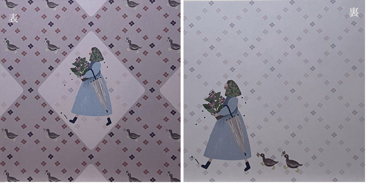 花束を抱えた女の子と、まわりを歩く小鳥たちのイラスト(ましかくメモ)
/ Square memo with a girl holding flowers, surrounded by birds on a patterned red background