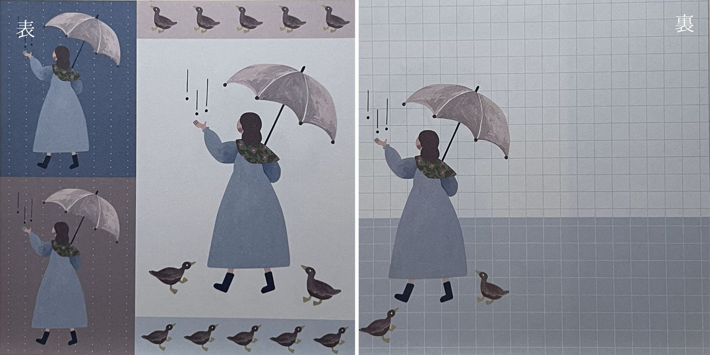 傘をさした女の子と、小鳥が一緒に歩く後ろ姿のイラスト(ましかくメモ)/ Square memo showing the back view of a girl walking with birds under an umbrella