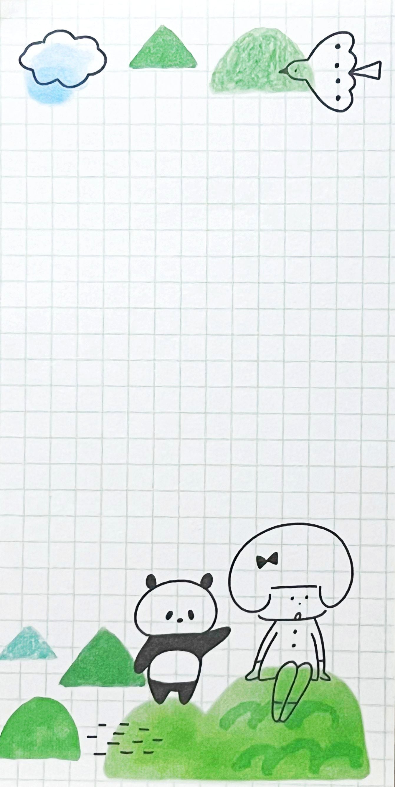 方眼背景に、山や雲、パンダと女の子が描かれた、シンプルで使いやすいスリムメモ。
A simple and practical slim memo with a grid background, featuring mountains, clouds, a panda, and a girl.