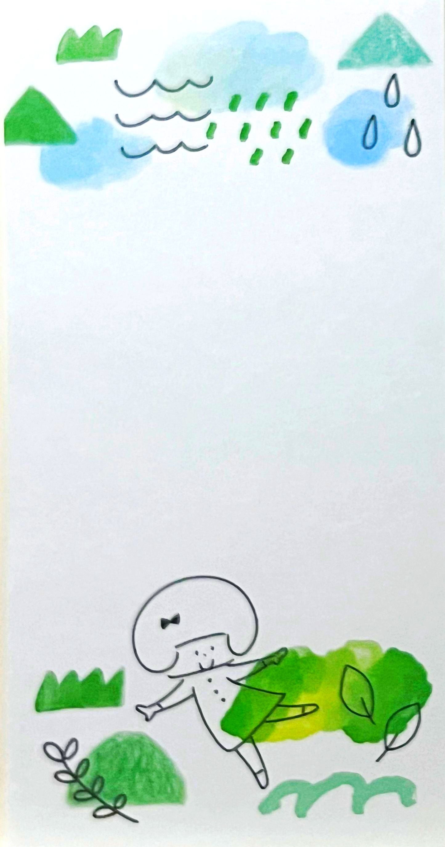風や雨、緑の葉が描かれた、自然の動きを感じるmizutamaさんのスリムメモ。
A slim memo expressing the movement of nature, with wind, rain, and greenery illustrated in mizutama's style.