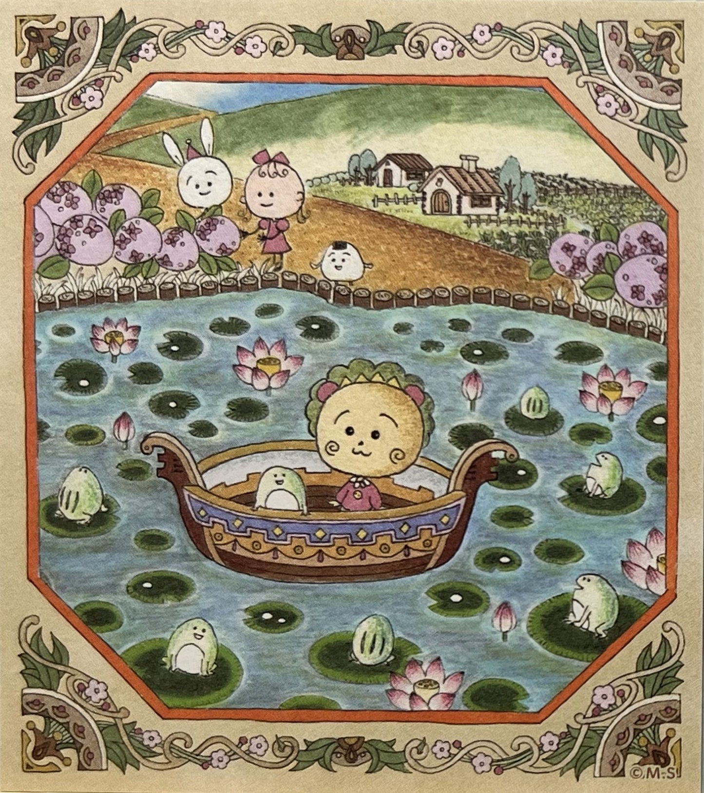 舟に乗って蓮池を進むコジコジと仲間たちが描かれた、ピンクトーンのレトロかわいいメモパッド。
A retro-style memo pad with Cojicoji riding a boat through a lotus pond, surrounded by friends in soft pink hues.