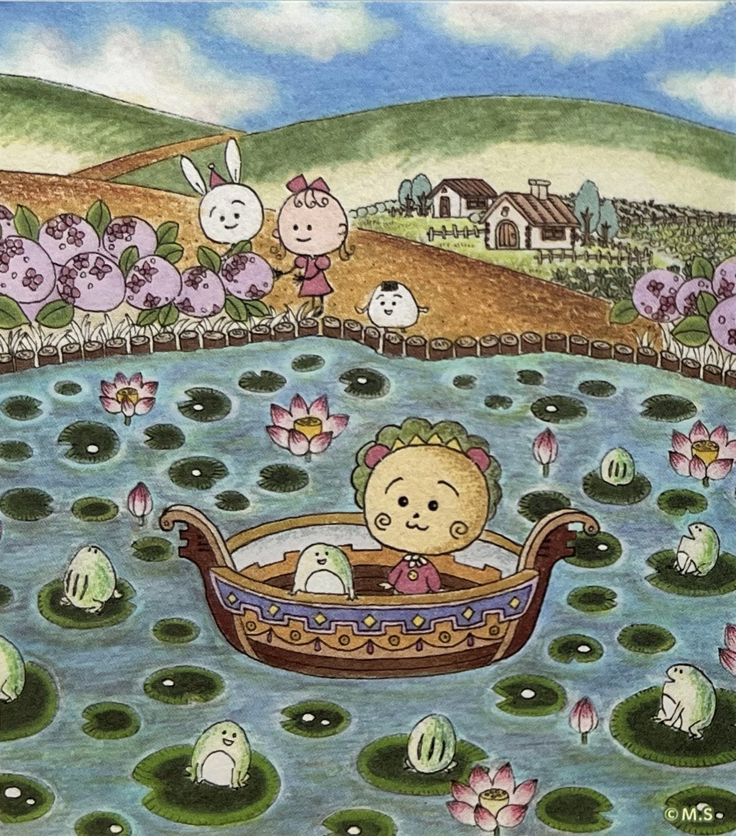 舟に乗って蓮池を進むコジコジと仲間たちが描かれた、ピンクトーンのレトロかわいいメモパッド。
A retro-style memo pad with Cojicoji riding a boat through a lotus pond, surrounded by friends in soft pink hues.