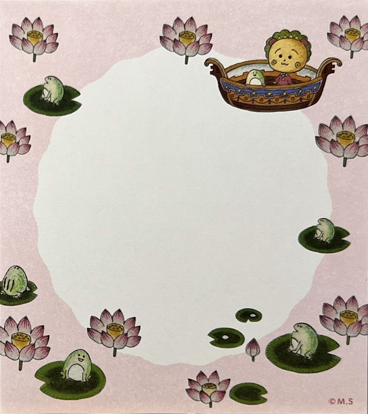 舟に乗って蓮池を進むコジコジと仲間たちが描かれた、ピンクトーンのレトロかわいいメモパッド。
A retro-style memo pad with Cojicoji riding a boat through a lotus pond, surrounded by friends in soft pink hues.