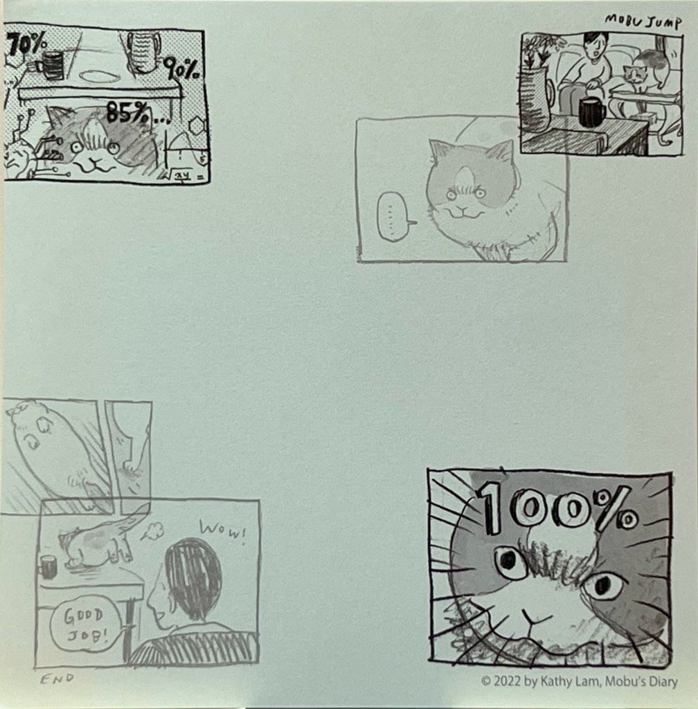 Kathy Lamのコミック作品風、猫のコマ割りスクエアメモ。Comic-style square memo with cat panels by Kathy Lam.