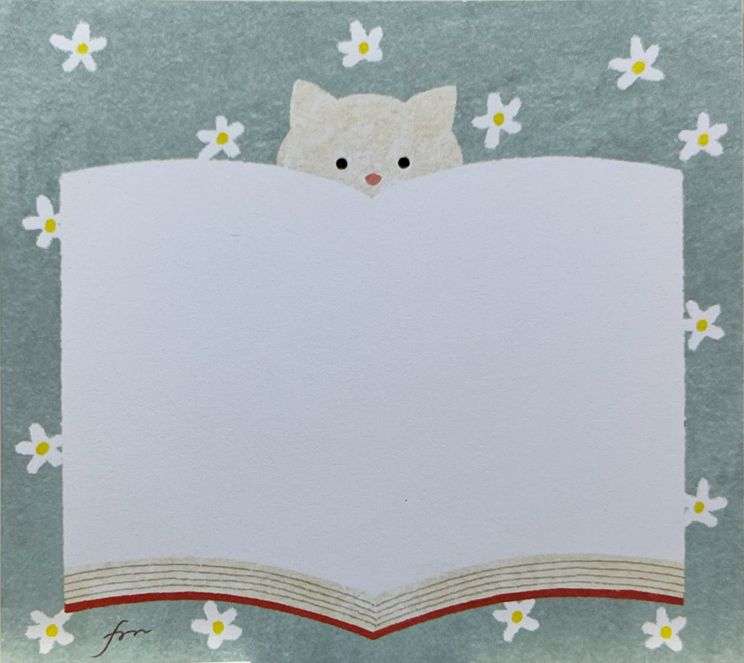 開いた本の向こうから白猫が顔を出す、花柄背景のイラスト
Illustration of a white cat peeking over an open book with white flowers in the background