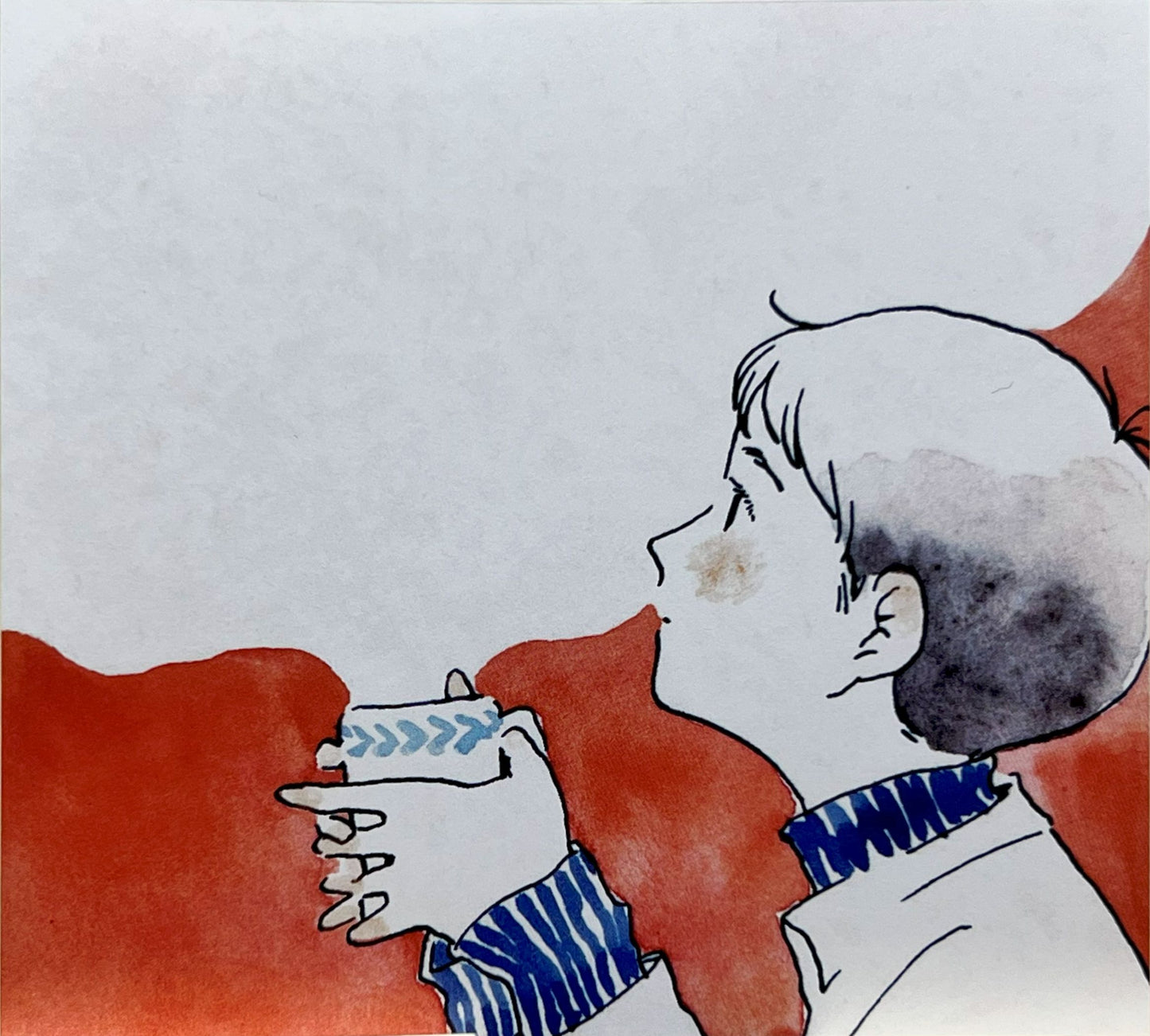 マグカップを手に、赤い背景でくつろぐ女性
Woman holding a mug, relaxing with red background