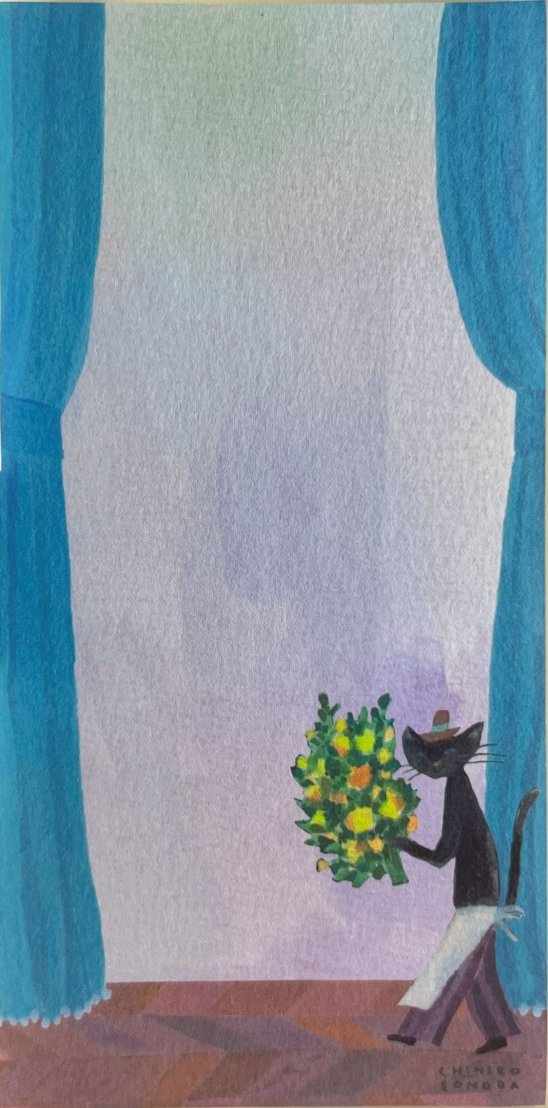 花束を抱えた黒猫が描かれた、CHIHIRO SONODAの美濃和紙一筆箋
Ichibitsusen letter pad by CHIHIRO SONODA featuring black cats holding flower bouquets on soft Mino washi
