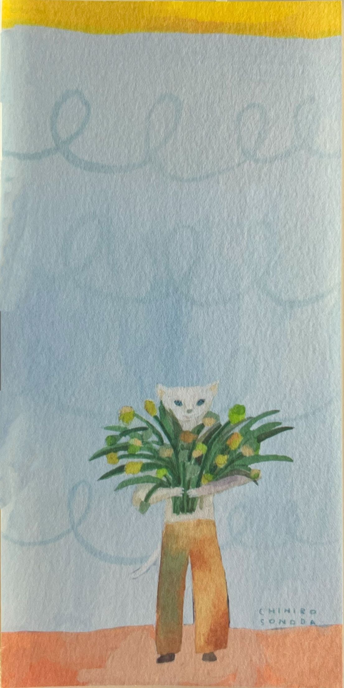 花束を抱えた黒猫が描かれた、CHIHIRO SONODAの美濃和紙一筆箋
Ichibitsusen letter pad by CHIHIRO SONODA featuring black cats holding flower bouquets on soft Mino washi