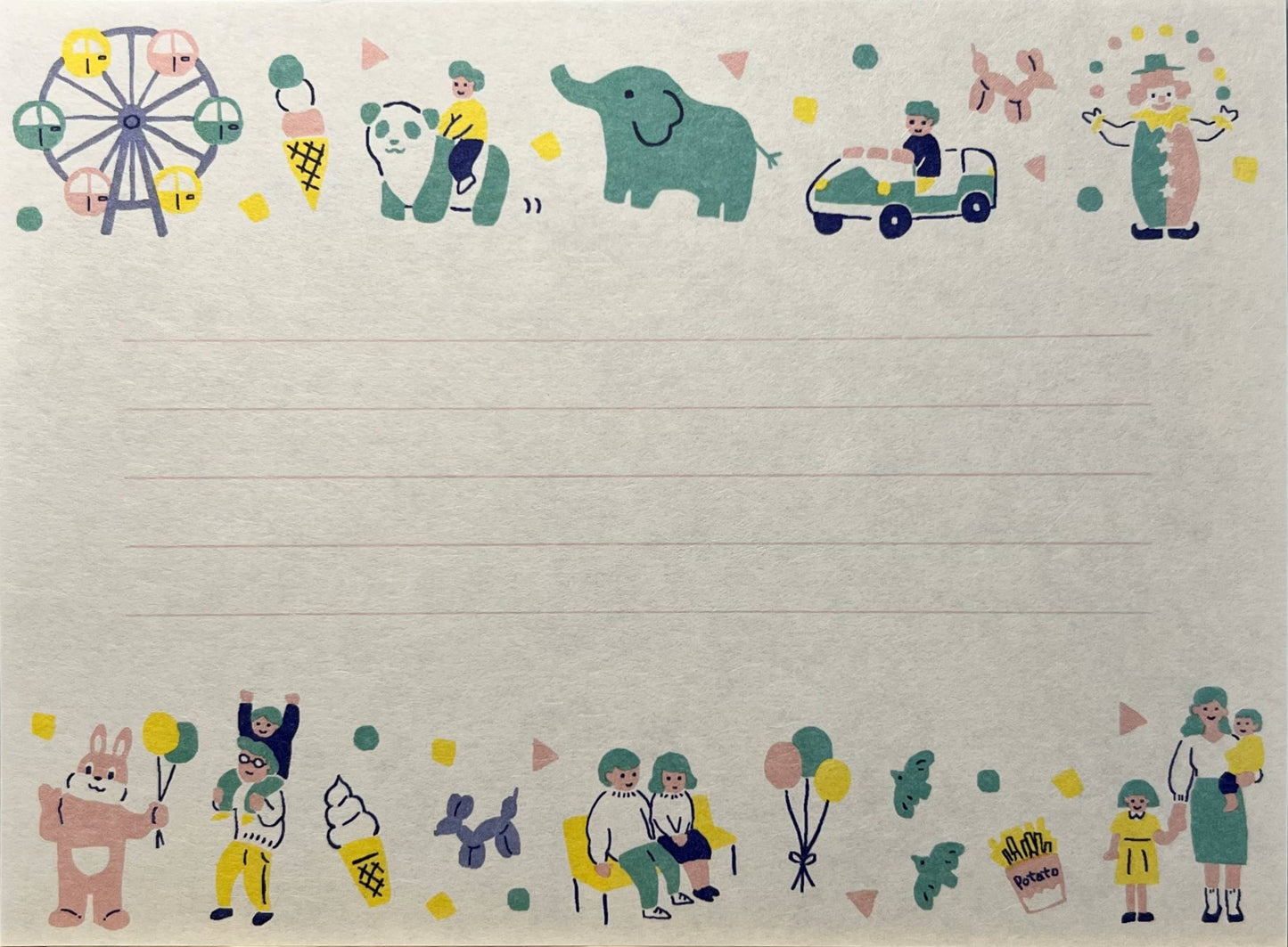 屋上遊園地をテーマにした懐かしいイラストのレトロ便箋
Retro-style letter sheet with nostalgic rooftop amusement park illustrations