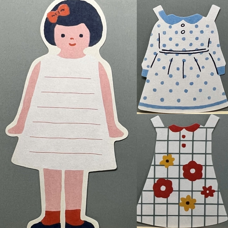 レトロな着せかえ人形型の便箋と、みずたま柄や花柄の洋服型メモがセットになったユニークなレターセット(封筒なし)。/
A retro dress-up doll-themed letter set with polka-dot and floral outfit memo sheets — no envelope included, made in Japan.