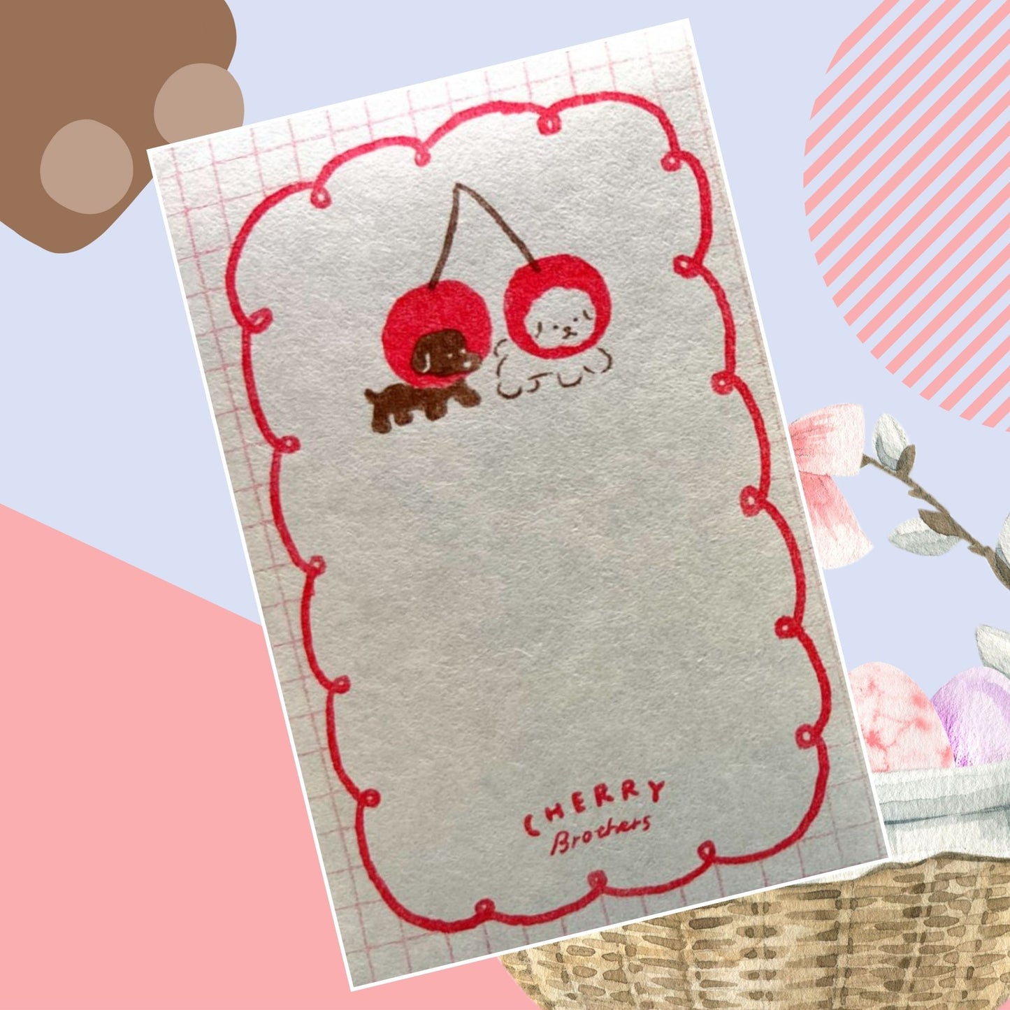 チェリー姿のわんこが描かれた便箋と封筒セット|Mini letter set featuring cherry-dog design and envelope