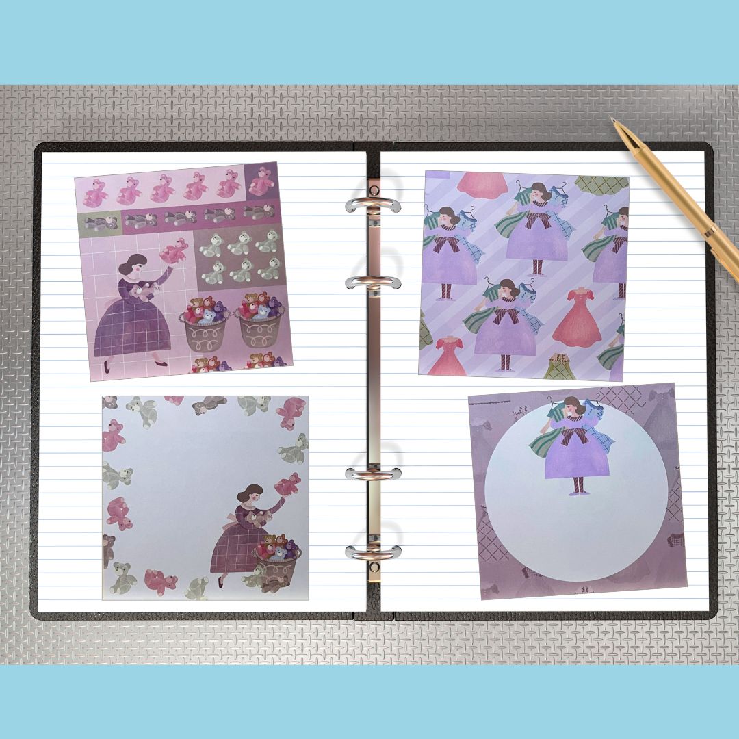 日本語:ぬいぐるみを前に悩む少女が描かれた、伊野あゆみさんデザインの両面ましかくメモ。
English: A double-sided memo pad by Ayumi Ino, featuring a girl choosing plush toys in soft pastel colors.