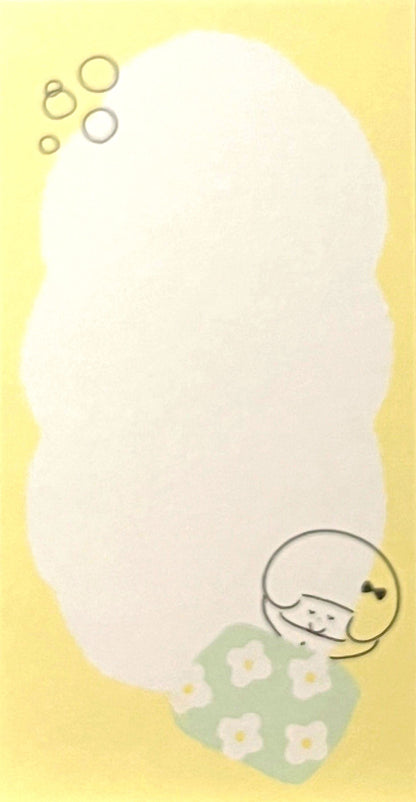ゆるいタッチで描かれた女の子とくまのイラストが入った、ふんわり優しい雰囲気のスリムメモ帳。淡い色のデコレーションが特徴。/  
A slim memo pad featuring soft pastel decorations and gentle hand-drawn illustrations of a girl and bears — soothing and whimsical stationery design.