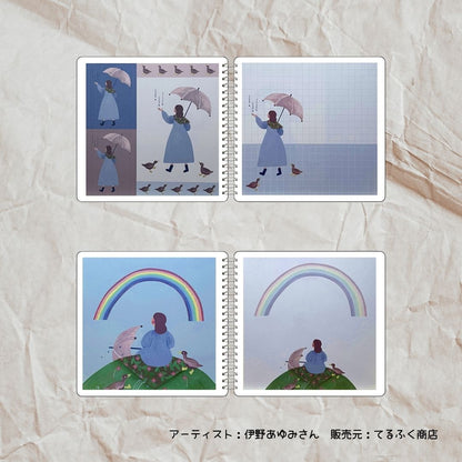 虹の下で座る少女と傘、小鳥が描かれた伊野あゆみさんのましかくメモ｜Square memo by Ayumi Ino with girl sitting under rainbow with umbrella and birds