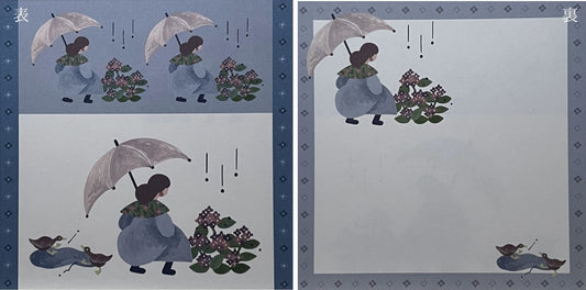 雨の中、傘をさす女の子と紫陽花のイラスト（ましかくメモ） / Square memo featuring a girl with an umbrella and hydrangeas in the rain