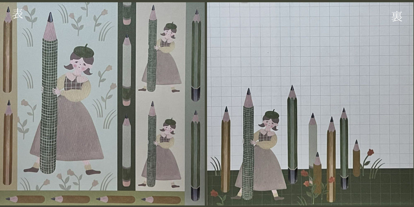 鉛筆に囲まれた森の中で読書する少女が描かれた、伊野あゆみさんの両面ましかくメモ。
A double-sided square memo pad by Ayumi Ino, featuring a girl reading among pencil trees in a forest-like scene.