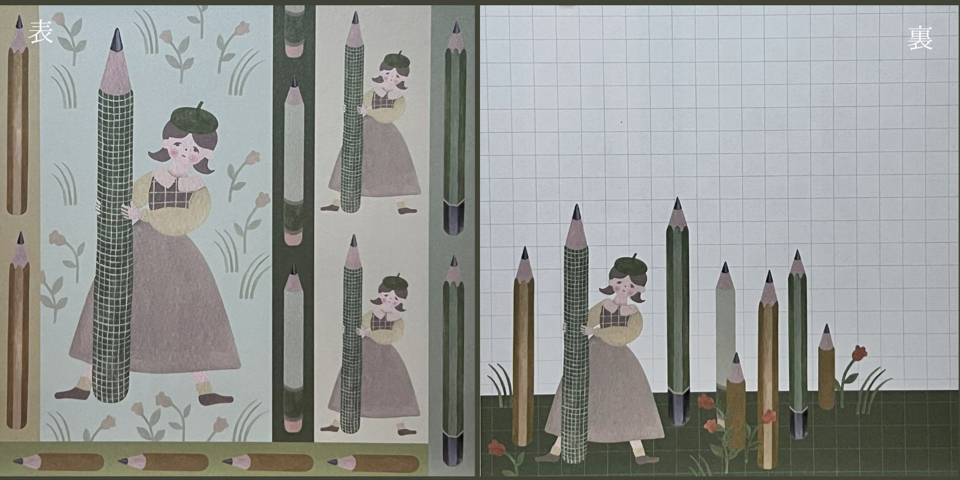 鉛筆に囲まれた森の中で読書する少女が描かれた、伊野あゆみさんの両面ましかくメモ。
A double-sided square memo pad by Ayumi Ino, featuring a girl reading among pencil trees in a forest-like scene.