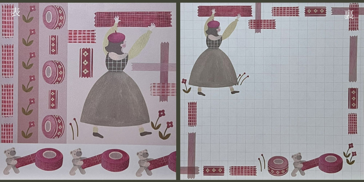 鉛筆に囲まれた森の中で読書する少女が描かれた、伊野あゆみさんの両面ましかくメモ。
A double-sided square memo pad by Ayumi Ino, featuring a girl reading among pencil trees in a forest-like scene.
