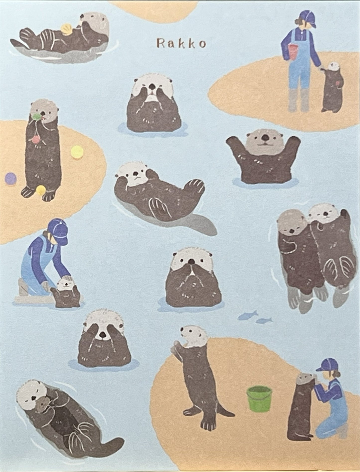 貝をかかえてぷかぷか浮かぶラッコが描かれた、ダイカット型の癒し系メモ帳。
A die-cut memo pad featuring a sea otter floating with a shell in gentle, soothing colors.