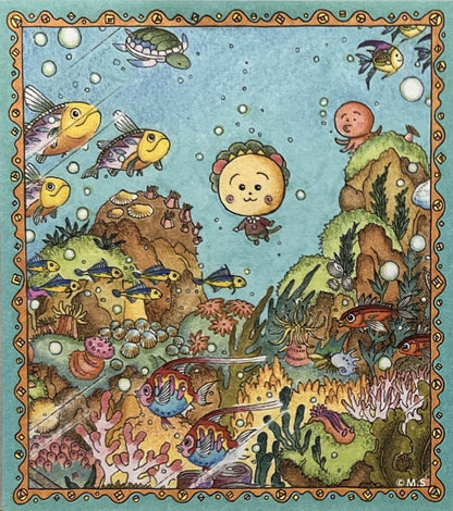 コジコジと仲間たちがカラフルな魚たちと海中を泳ぐ、絵本のような海底探検メモパッド。
A storybook-style memo pad featuring Cojicoji swimming with friends in a colorful underwater world.