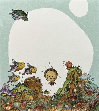 コジコジと仲間たちがカラフルな魚たちと海中を泳ぐ、絵本のような海底探検メモパッド。
A storybook-style memo pad featuring Cojicoji swimming with friends in a colorful underwater world.