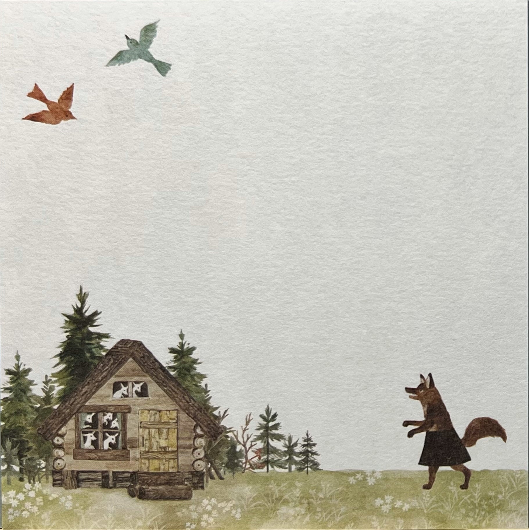 家の窓からのぞく子ヤギたちと、それを見つめる狼が描かれた、絵本風の正方形メモ。
A square memo pad with a storybook-style illustration of little goats peeking from a window and a wolf approaching.