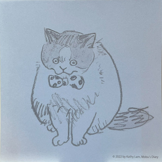  『三毛猫モブは猫缶を稼ぎたい』より、蝶ネクタイをした猫のスクエアメモ。 Square memo of a cat wearing a bow tie, from “Tortoiseshell cat mob wants to earn cat food”.