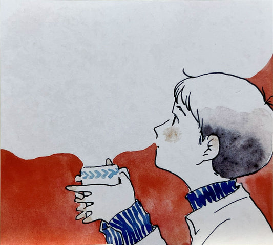 マグカップを手に、赤い背景でくつろぐ女性
Woman holding a mug, relaxing with red background