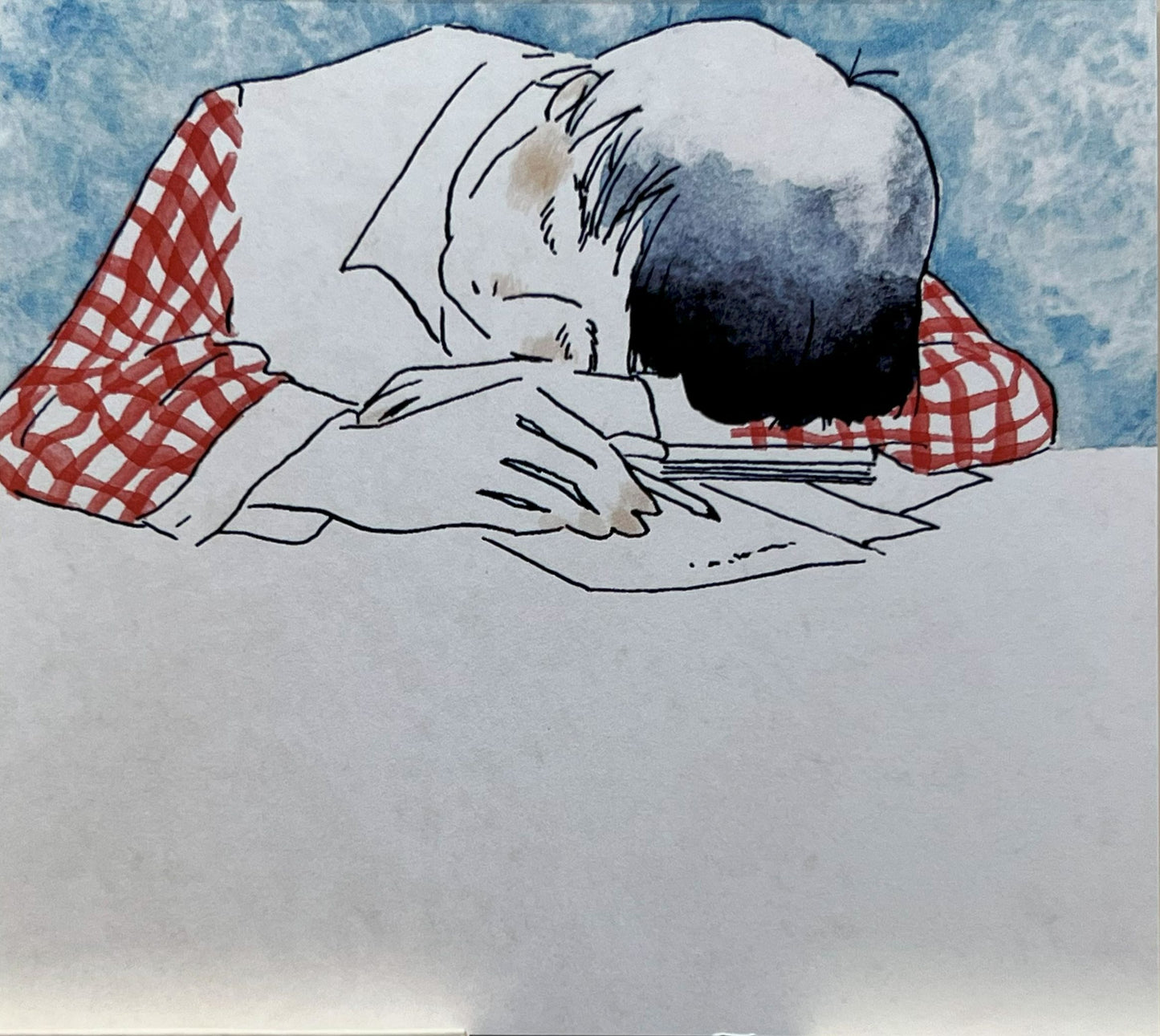 デスクに伏せて休む人、チェック柄の服と青い背景
Person resting head-down on desk, blue background, plaid shirt