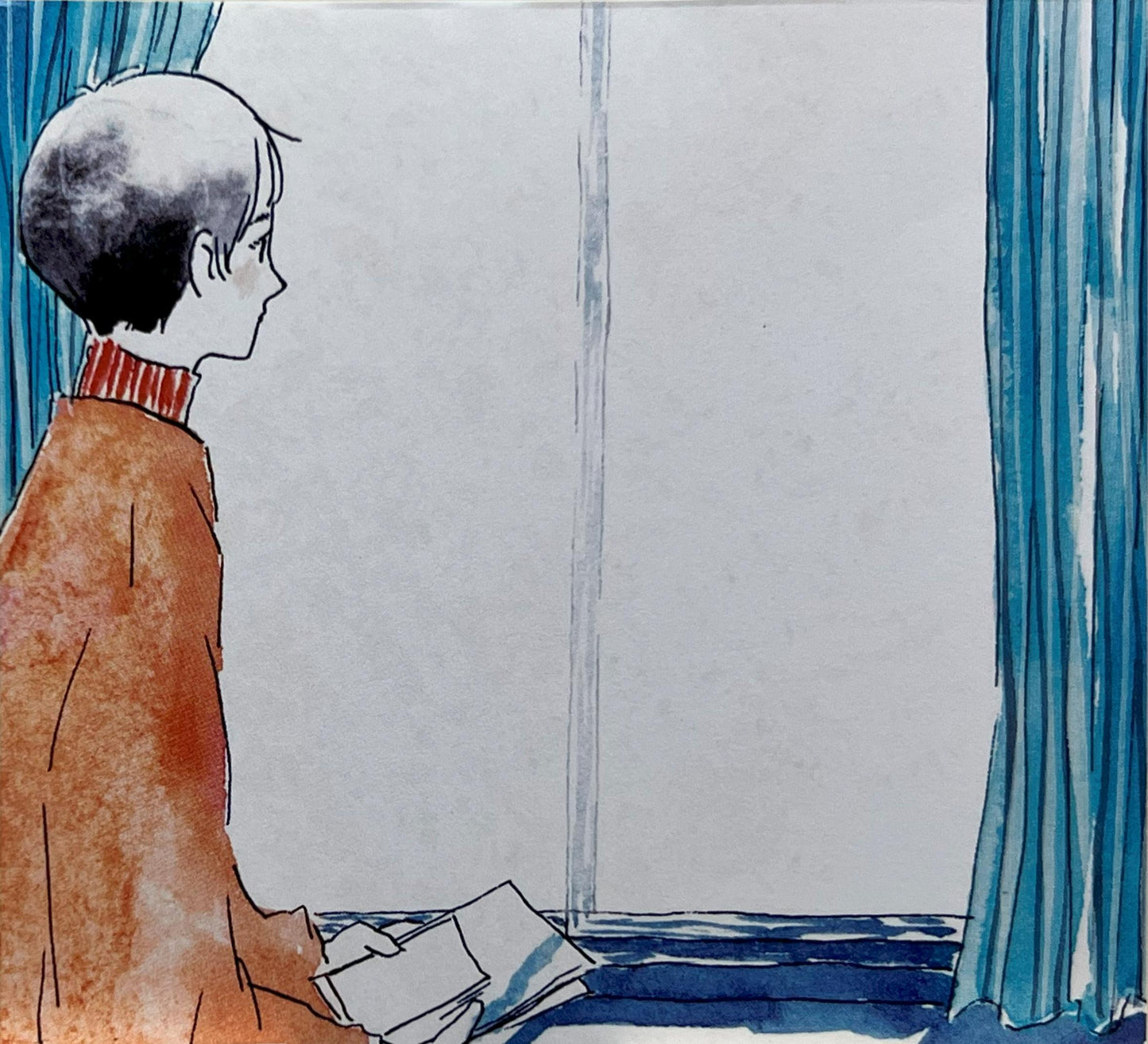 カーテン越しの光を見つめる、膝に本を抱えた人
Person gazing outside while holding a book, beside blue curtains