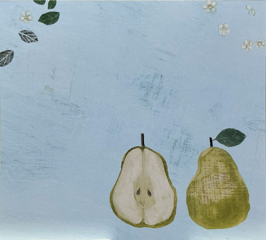 カットした洋ナシと丸ごとの洋ナシ、ブルーグレーの背景
Illustration of a sliced pear and whole pear on blue-gray background