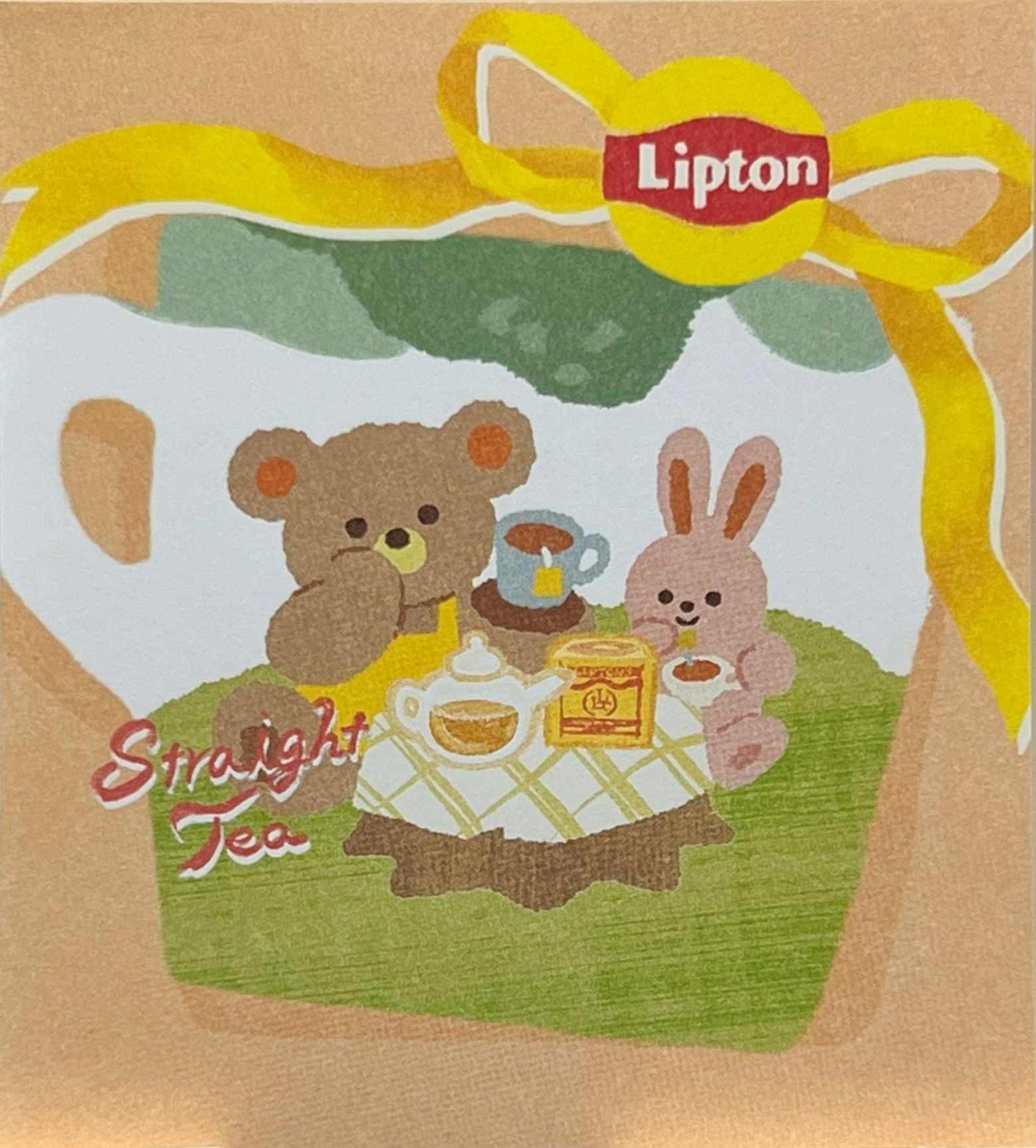 ストレートティーを楽しむくまとウサギのメモパッド（リプトン紅茶缶、カップ、レモンの木）
Memo pad featuring bear and bunny enjoying straight tea with Lipton tea can, cup, and lemon tree
