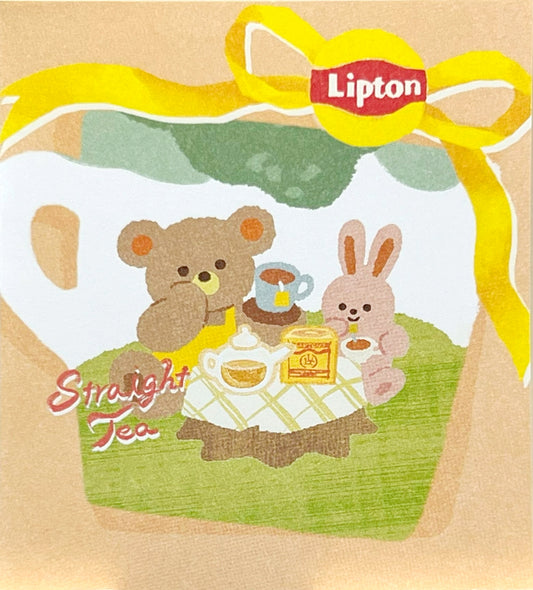 ストレートティーを楽しむくまとウサギのメモパッド（リプトン紅茶缶、カップ、レモンの木）
Memo pad featuring bear and bunny enjoying straight tea with Lipton tea can, cup, and lemon tree