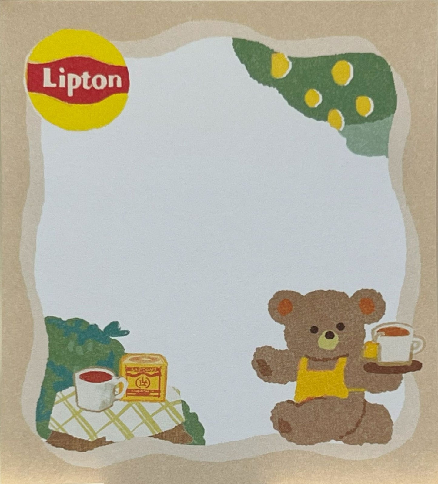 ストレートティーを楽しむくまとウサギのメモパッド（リプトン紅茶缶、カップ、レモンの木）
Memo pad featuring bear and bunny enjoying straight tea with Lipton tea can, cup, and lemon tree