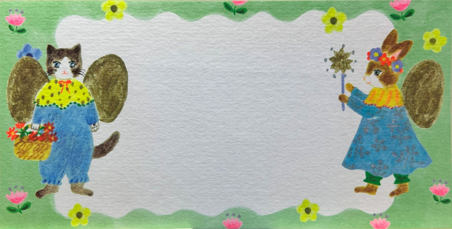 花かんむりのうさぎや妖精のような動物たちが描かれた、布川愛子デザインの一筆箋
Ichibitsusen letter paper designed by Aiko Fukawa, featuring rabbits with flower crowns and fairy-like animals
