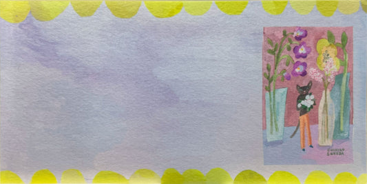 花束を抱えた黒猫が描かれた、CHIHIRO SONODAの美濃和紙一筆箋
Ichibitsusen letter pad by CHIHIRO SONODA featuring black cats holding flower bouquets on soft Mino washi