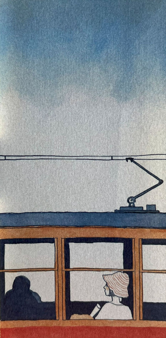 旅の情景を描いた一筆箋（読書、電車、草花、空のイラスト）Letter paper with illustrations of travel scenes: reading, train window, plants, and sky