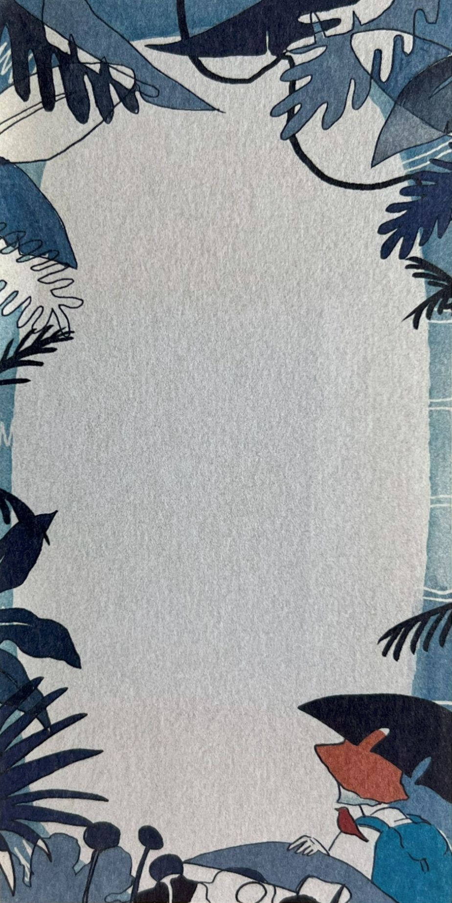 旅の情景を描いた一筆箋（読書、電車、草花、空のイラスト）Letter paper with illustrations of travel scenes: reading, train window, plants, and sky