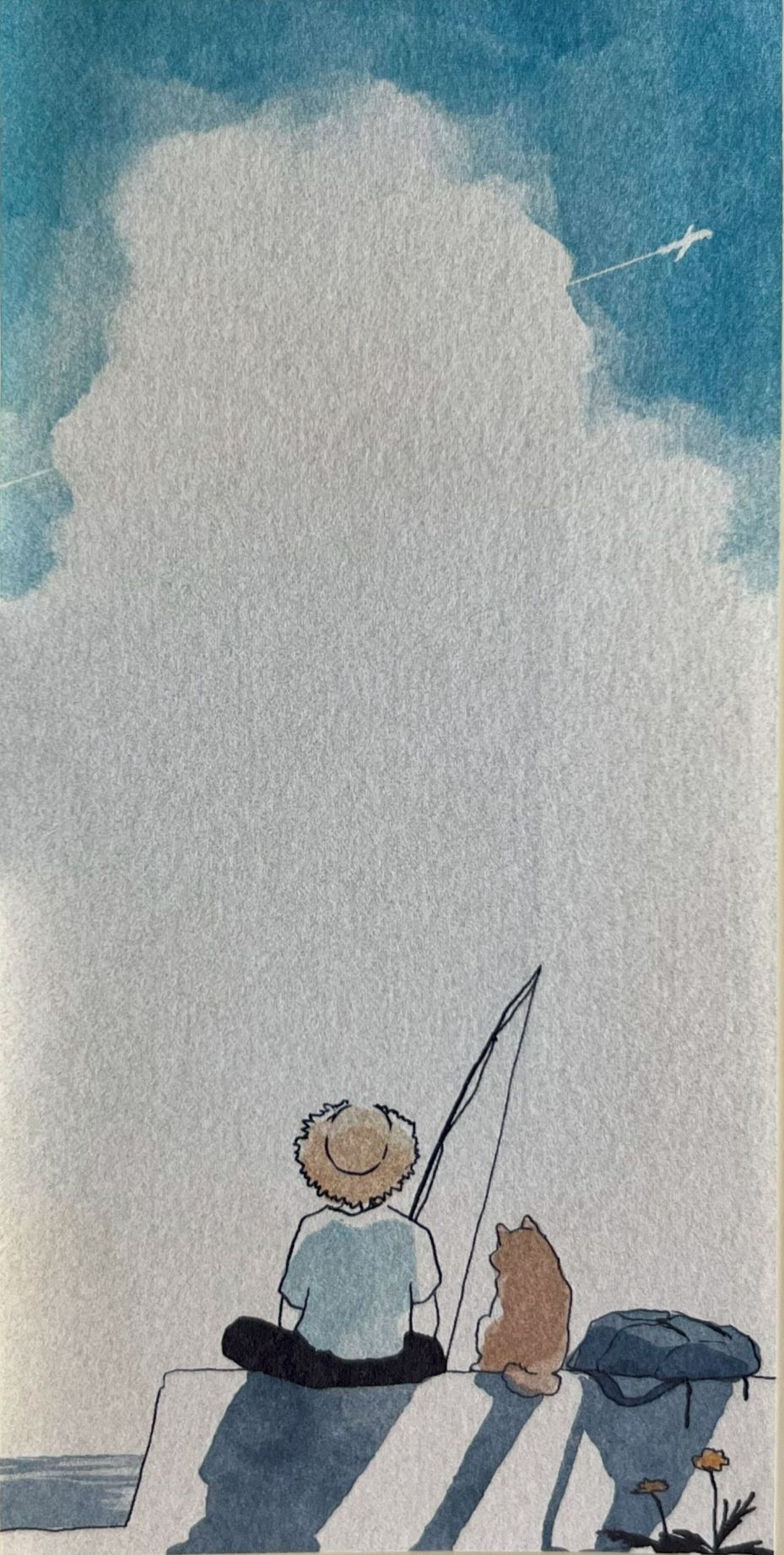 旅の情景を描いた一筆箋（読書、電車、草花、空のイラスト）Letter paper with illustrations of travel scenes: reading, train window, plants, and sky
