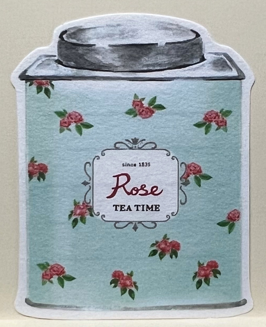ローズ柄の紅茶缶型ミニ便箋（ダイカット、オトメ時間シリーズ）
Die-cut mini letter paper shaped like a rose tea can (Otome Jikan series)