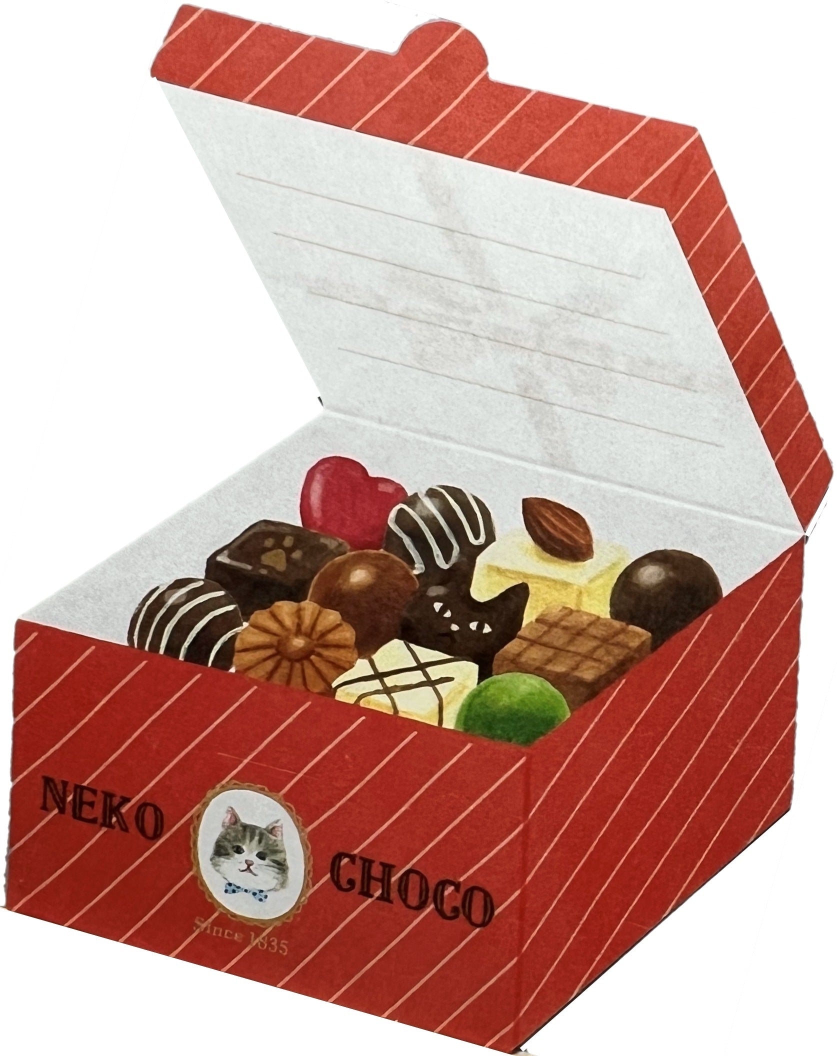 猫チョコ入りギフトボックス型のミニ便箋（折りたたみ式、オトメ時間シリーズ）
Foldable mini letter paper shaped like a Neko Choco gift box (Otome Jikan series)