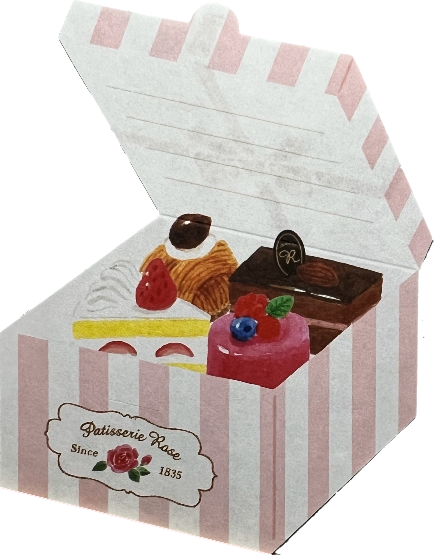 ケーキ入りギフトボックス型ミニ便箋（折りたたみ式、オトメ時間シリーズ）
Foldable mini letter paper shaped like a cake gift box (Otome Jikan series)