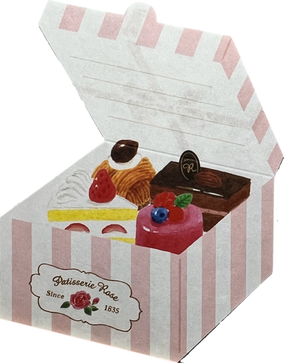 ケーキ入りギフトボックス型ミニ便箋（折りたたみ式、オトメ時間シリーズ）
Foldable mini letter paper shaped like a cake gift box (Otome Jikan series)