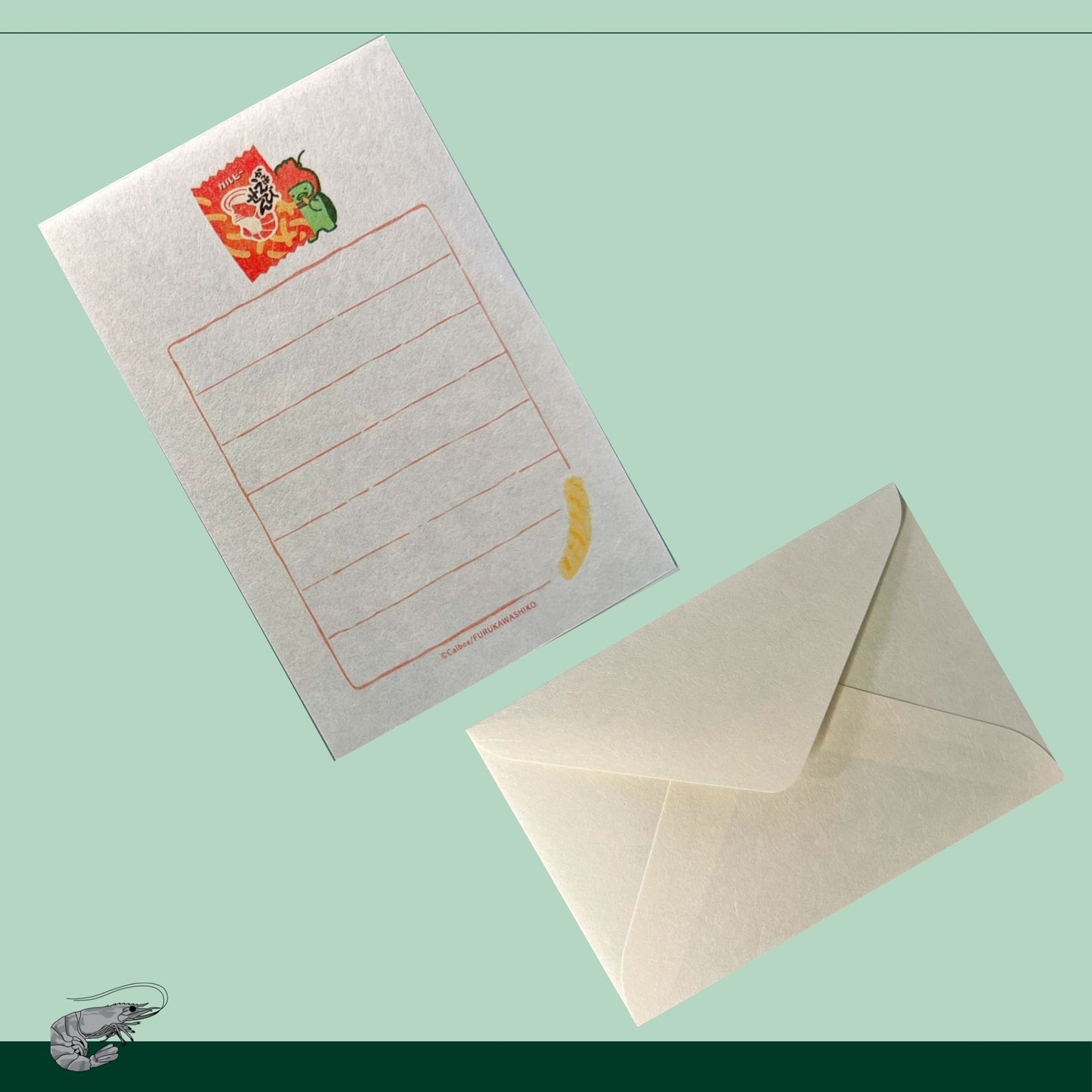  えびせんパッケージ風の便箋に唐辛子キャラが添えられたデザイン｜Letter paper with Calbee-style packaging and chili pepper mascot illustration