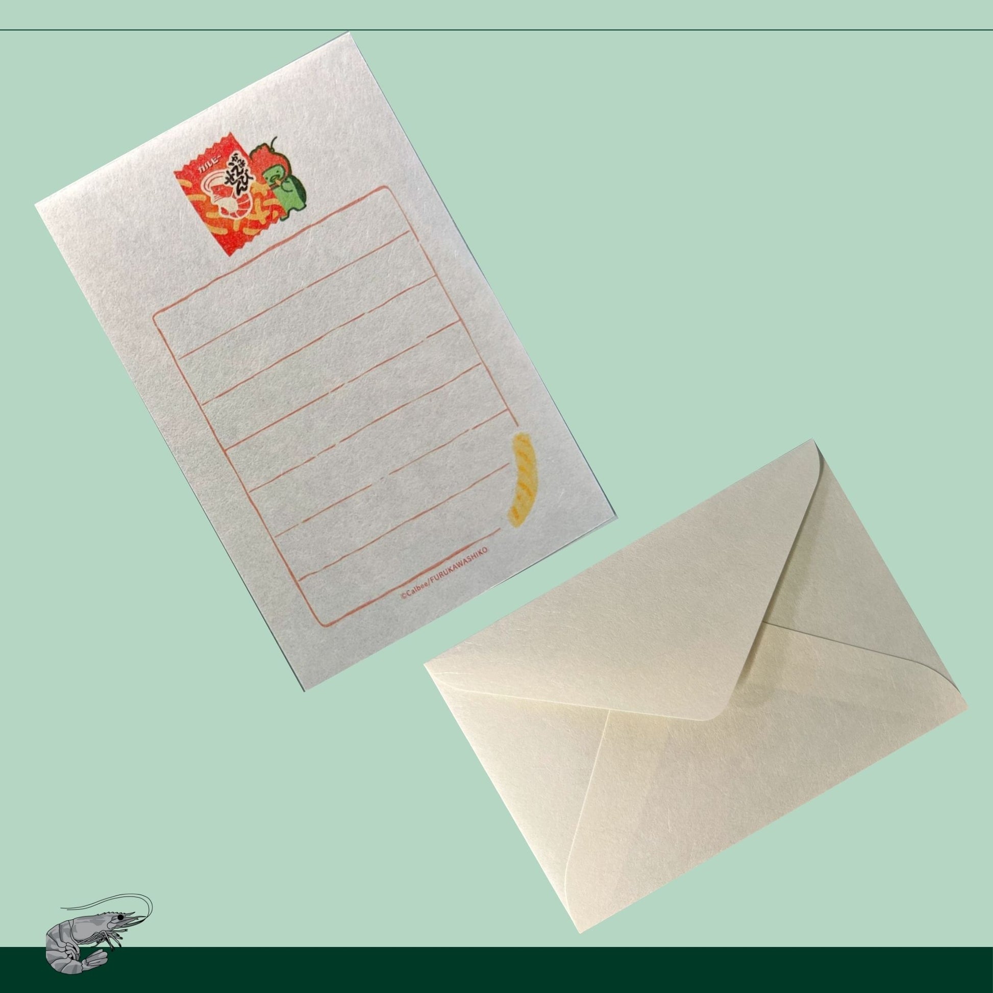  えびせんパッケージ風の便箋に唐辛子キャラが添えられたデザイン｜Letter paper with Calbee-style packaging and chili pepper mascot illustration