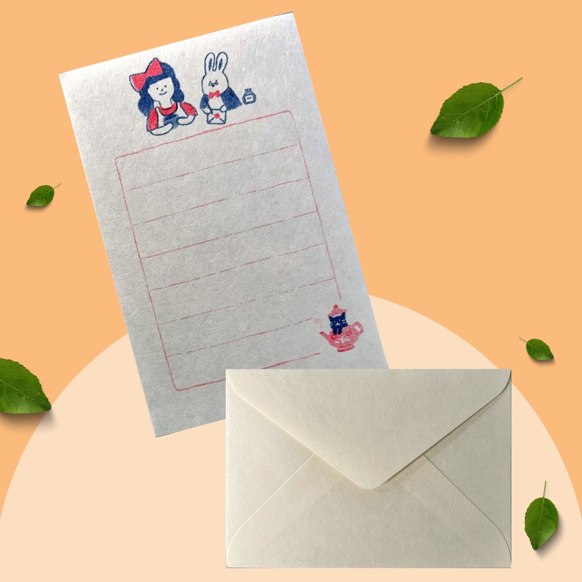 うさぎと女の子が描かれたそえぶみ箋とティーポットキャラクター｜Soebumi-sen mini pad with bunny, girl, and teapot character illustration
