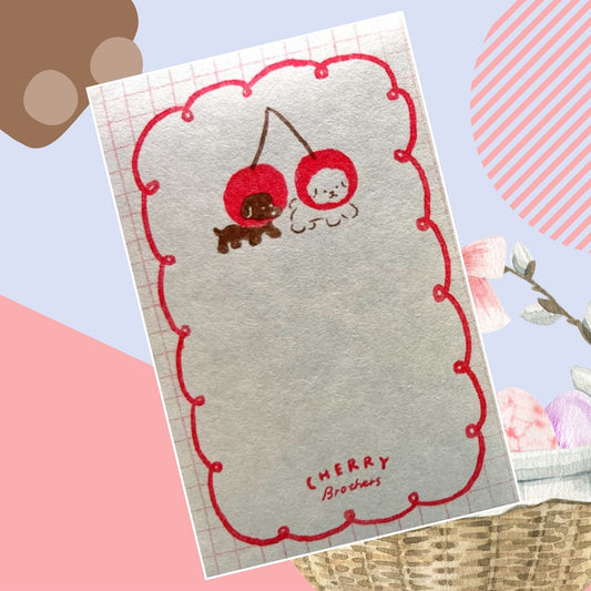  チェリー姿のわんこが描かれた便箋と封筒セット｜Mini letter set featuring cherry-dog design and envelope