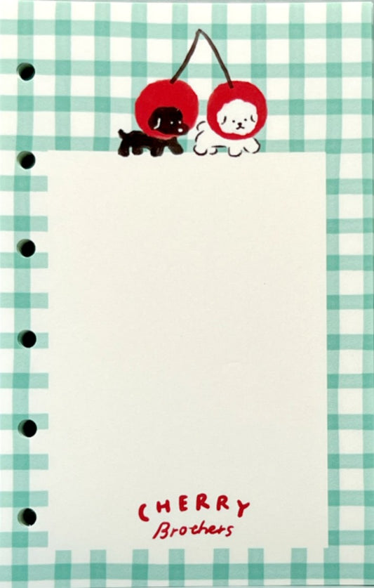 さくらんぼ姿のわんこが描かれたM6手帳リフィル「チェリーブラザーズ」M6 notebook refill "CHERRY Brothers" with puppies dressed as cherries